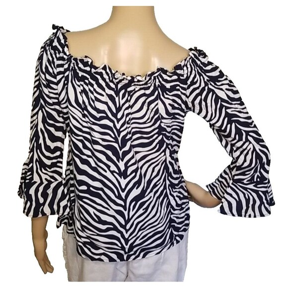 La Mer Luxe Black White Zebra Print Off The Shoulder Bell Sleeve Small Rayon  T5 - Picture 3 of 6